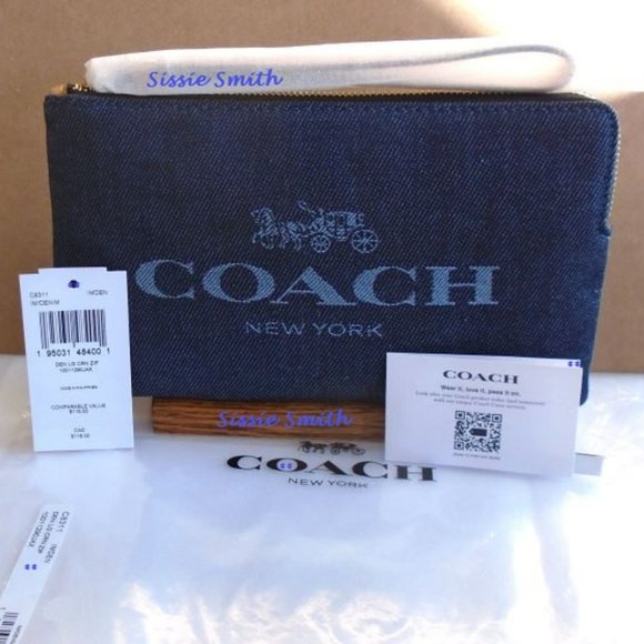 NWT Large Denim Corner Zip Wristlet with Coach Print - Picture 6 of 8